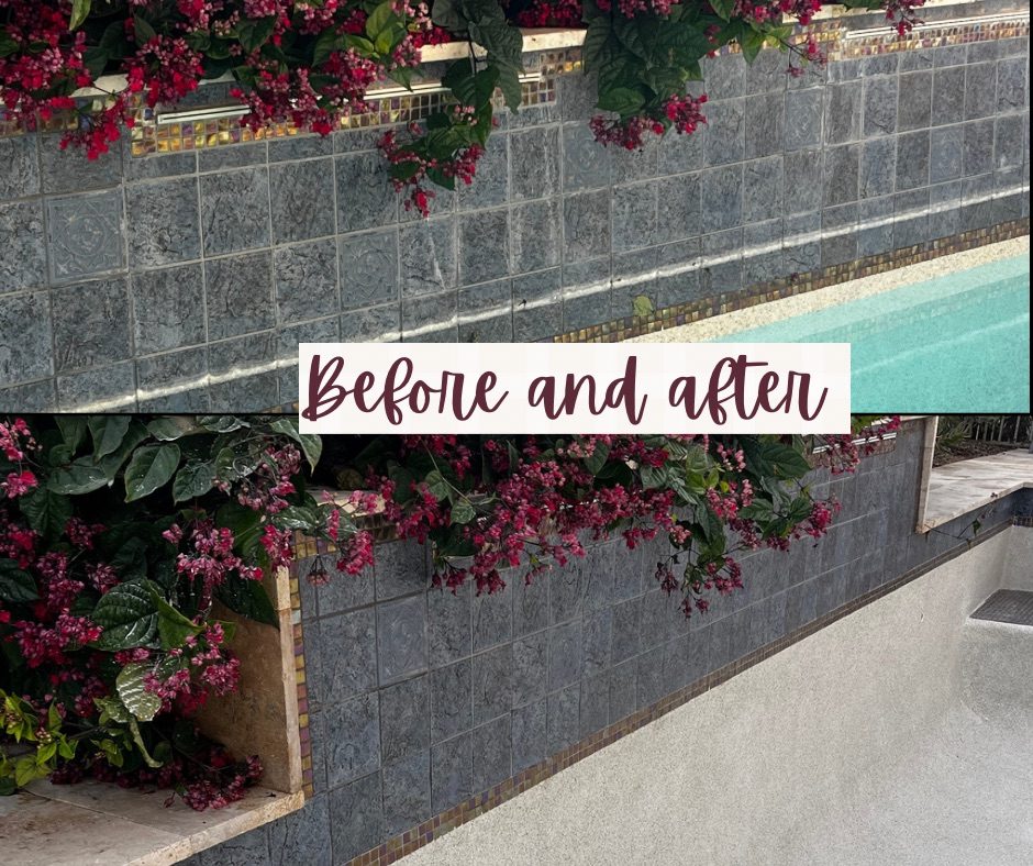 Pool tile before and after calcium removal